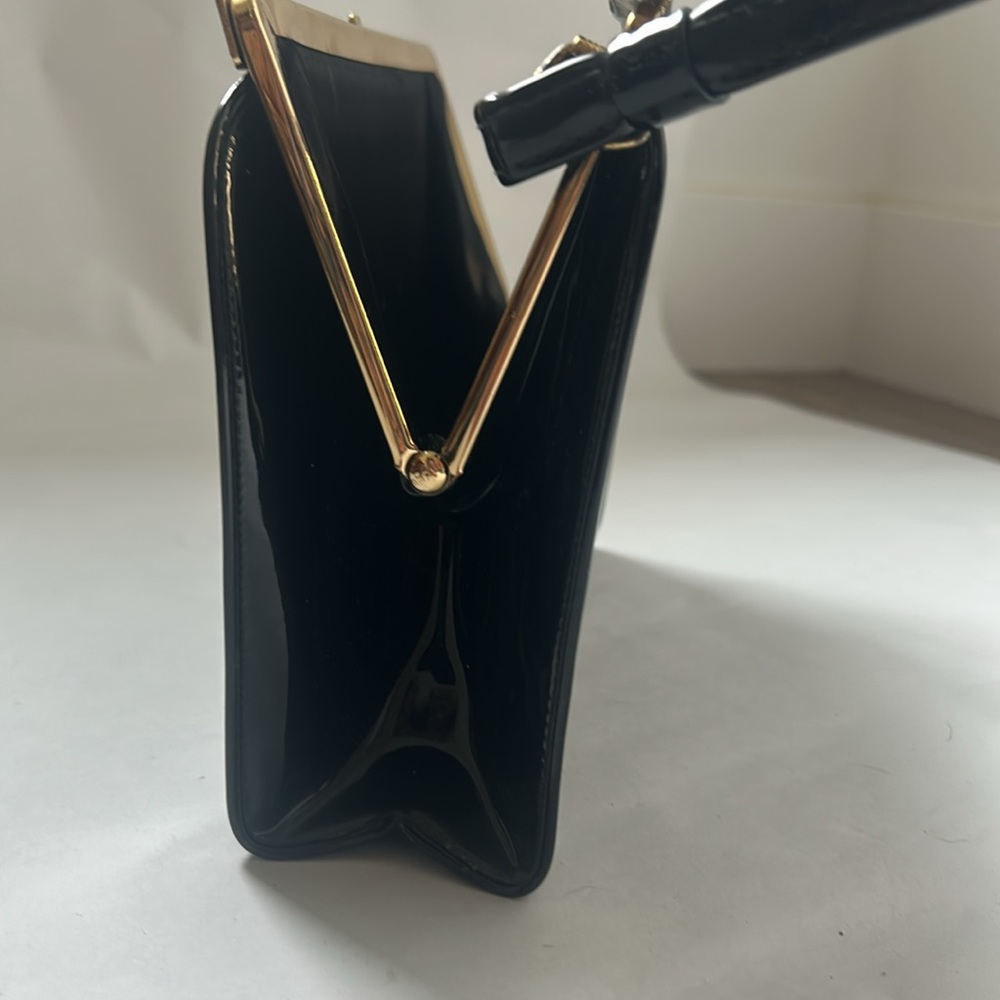 Vintage patent leather Elegant Black Handbag with Gold Accents - Picture 4 of 6